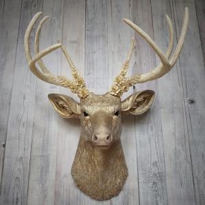 Faux Taxidermy Deer Head, Gold Deer Head with Metal Floral and Leaf Work