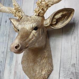 Faux Taxidermy Deer Head, Gold Deer Head with Metal Floral and Leaf Work