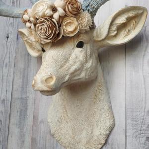 Faux Taxidermy Deer Head Wall Mount with Floral Crown, Stag Head Wall Mount