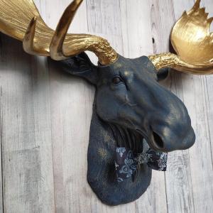 Faux Taxidermy Moose Head Wall Mount, Faux Moose Head with Bow Tie