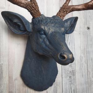 Faux Taxidermy Deer Head Wall Mount painted  midnight blue with dark copper accents and dark copper antlers.