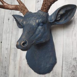 Faux Taxidermy Deer Head Wall Mount painted  midnight blue with dark copper accents and dark copper antlers.