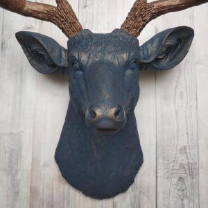 Faux Taxidermy Deer Head Wall Mount painted  midnight blue with dark copper accents and dark copper antlers.