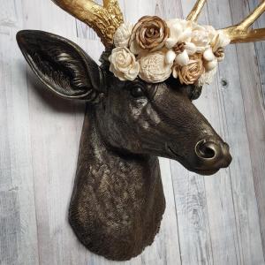 Faux Taxidermy Deer Head Wall Mount with Floral Crown, Stag Head Wall Mount