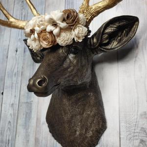 Faux Taxidermy Deer Head Wall Mount with Floral Crown, Stag Head Wall Mount