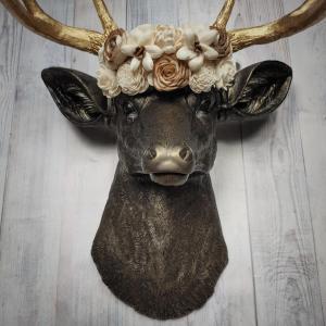 Faux Taxidermy Deer Head Wall Mount with Floral Crown, Stag Head Wall Mount