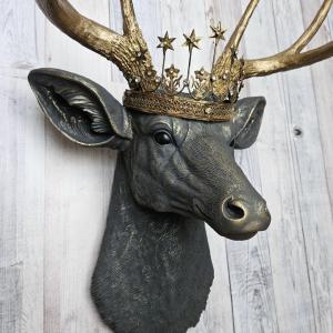 Faux taxidermy deer head, painted slate grey with antique gold accents. The antlers are antique gold and a vintage inspired Santos star crown rests atop the deers head