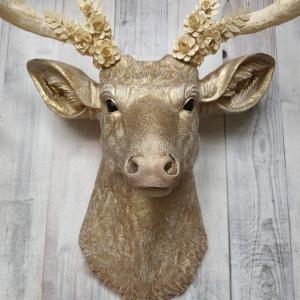 Faux Taxidermy Deer Head, Gold Deer Head with Metal Floral and Leaf Work