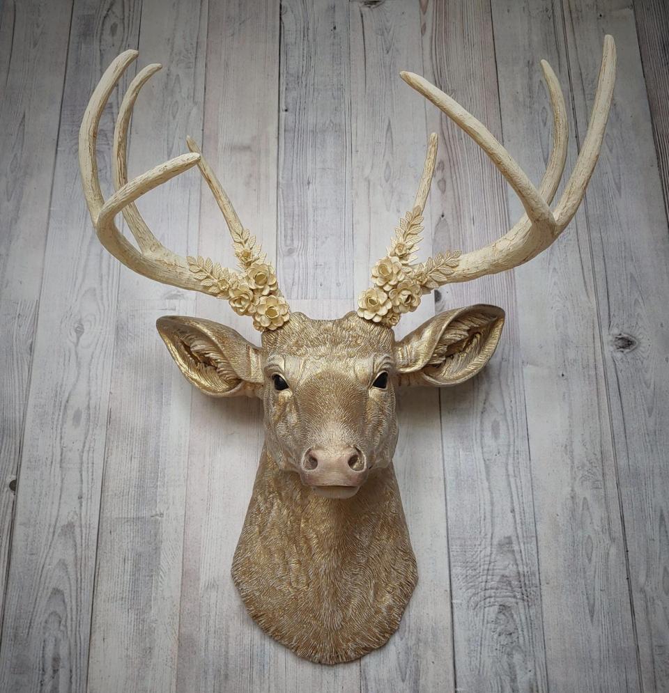Faux Taxidermy Deer Head, Gold Deer Head with Metal Floral and Leaf Work