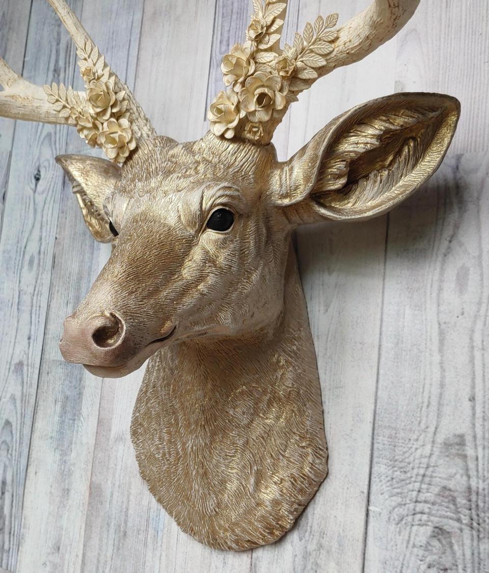 Faux Taxidermy Deer Head, Gold Deer Head with Metal Floral and Leaf Work