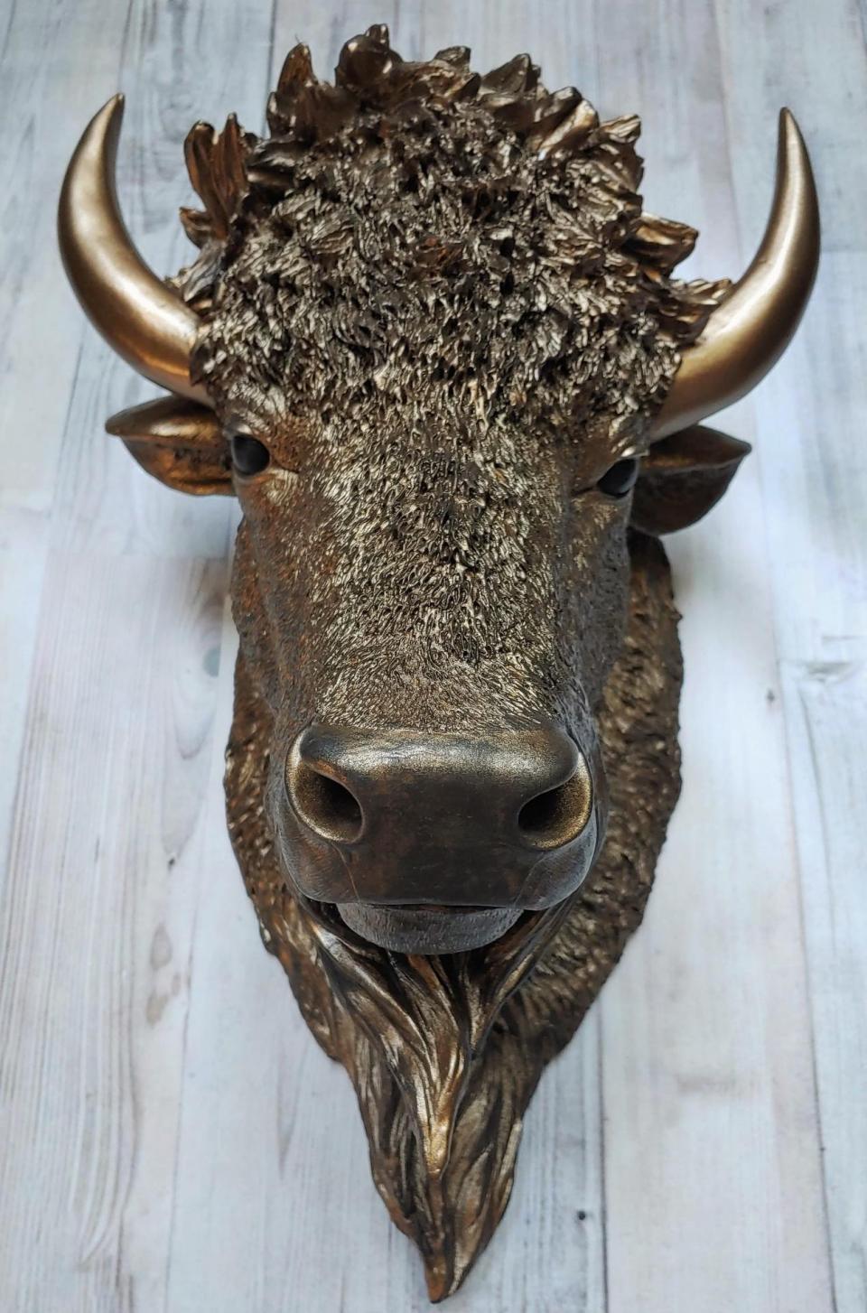 faux taxidermy bison head, antique gold with black accenting