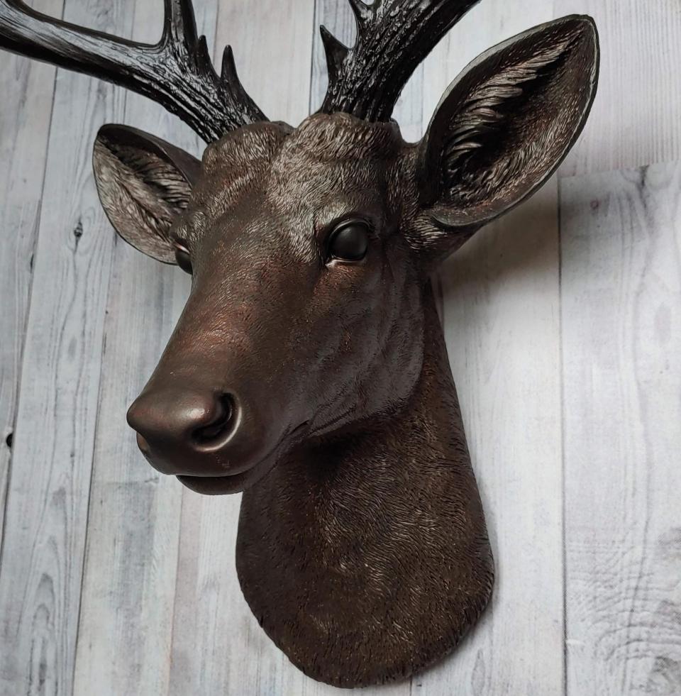 Faux taxidermy deer head, painted dark copper with dark rubbed bronze accents and dark rubbed bronze antlers.