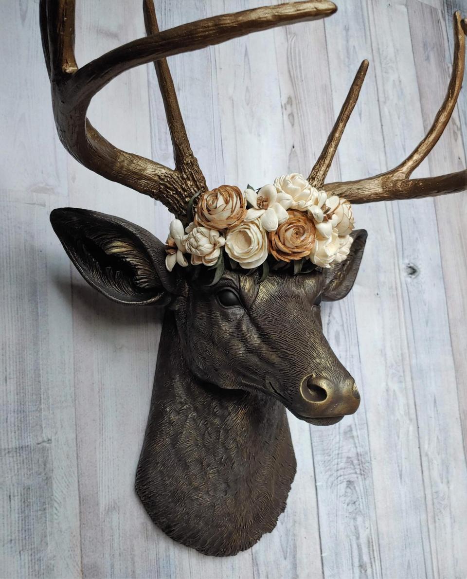 Faux Taxidermy Deer Head Wall Mount, Faux Stag Head, Floral Crowned Deer Head
