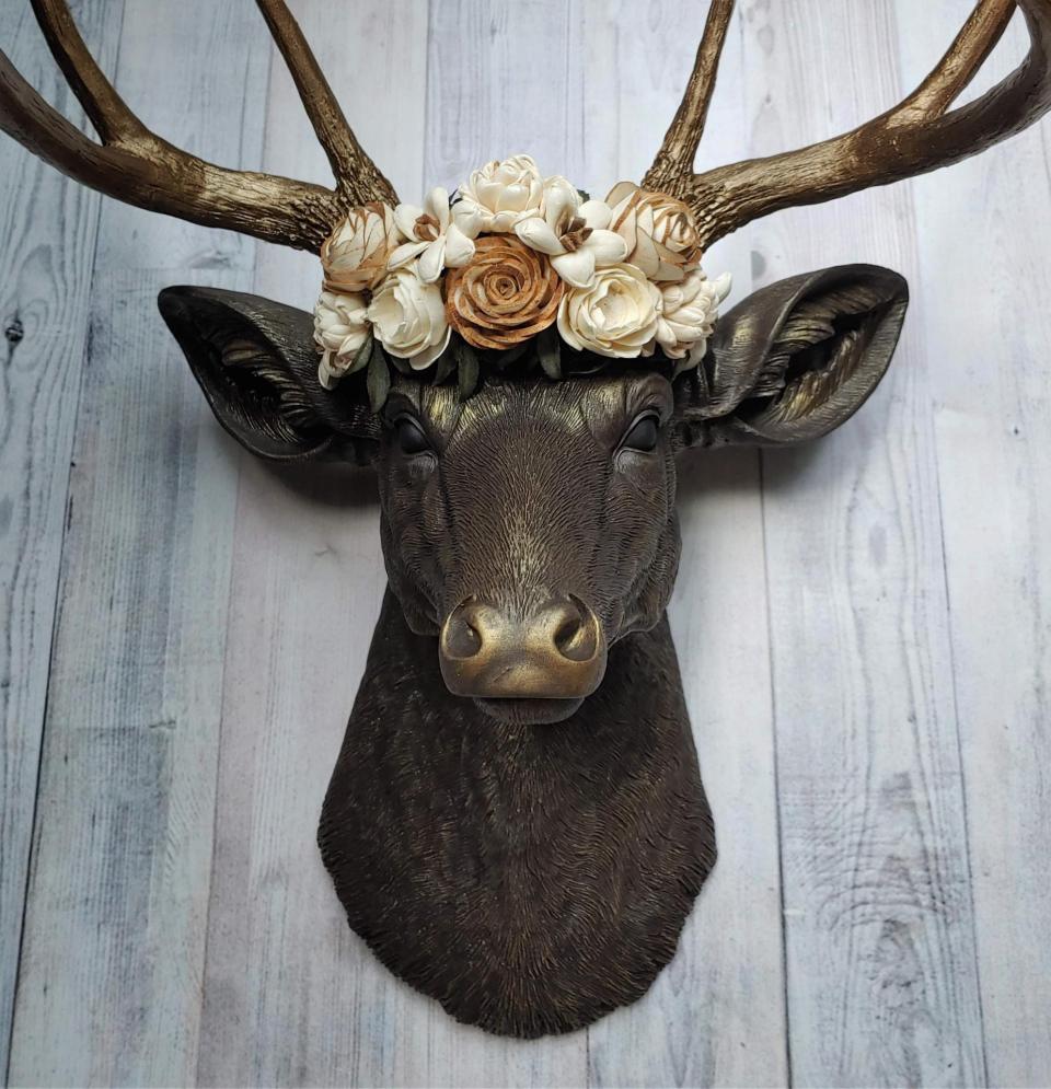Faux Taxidermy Deer Head Wall Mount, Faux Stag Head, Floral Crowned Deer Head