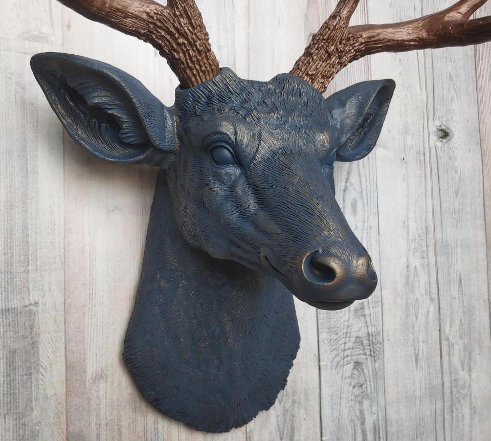 Faux Taxidermy Deer Head Wall Mount painted  midnight blue with dark copper accents and dark copper antlers.