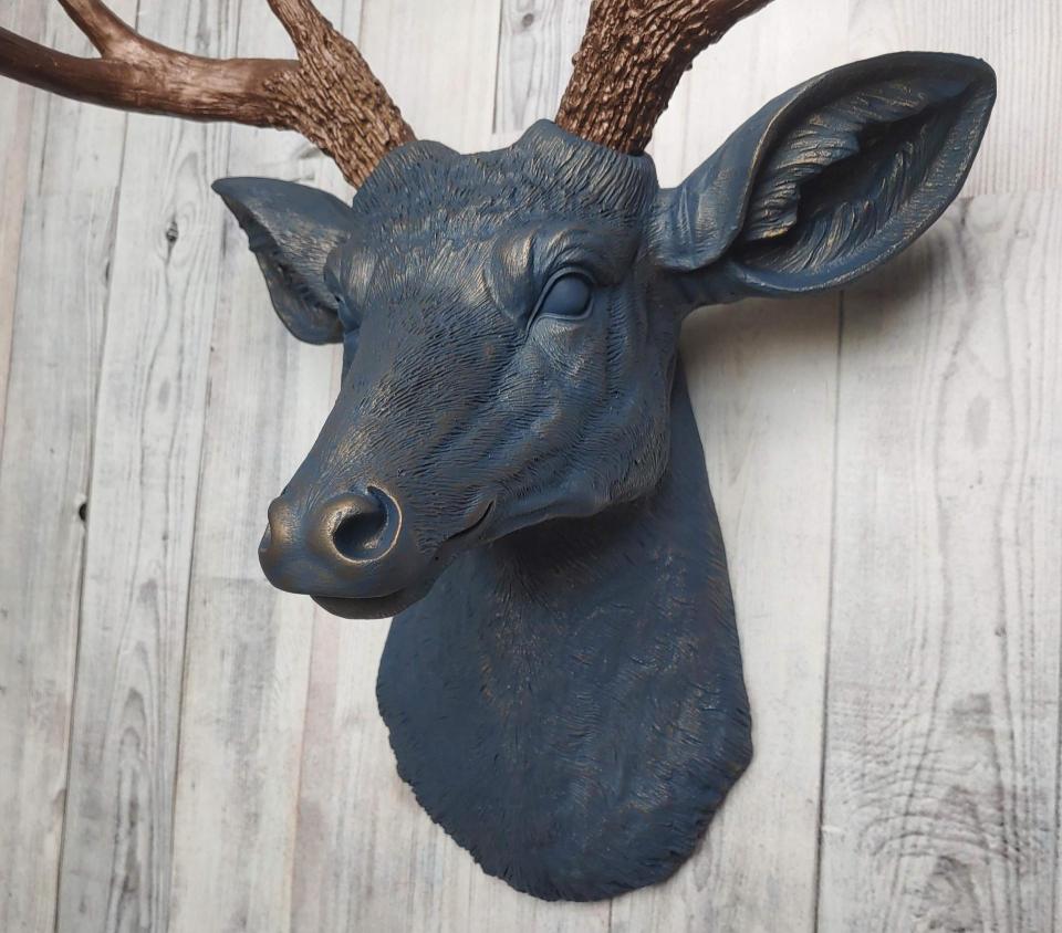 Faux Taxidermy Deer Head Wall Mount painted  midnight blue with dark copper accents and dark copper antlers.