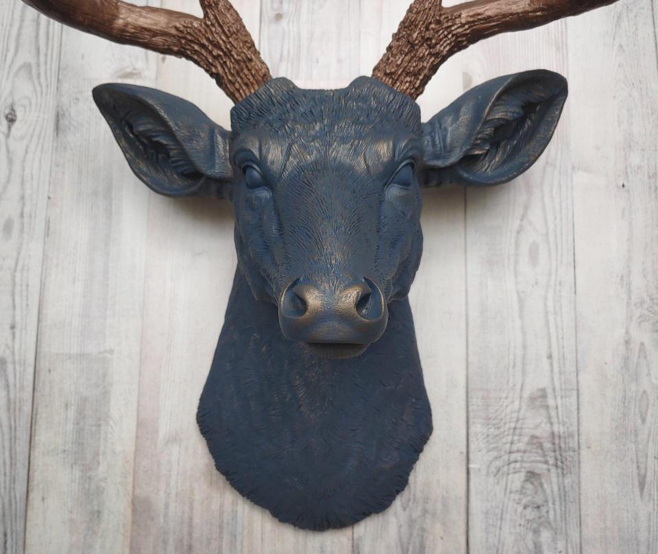 Faux Taxidermy Deer Head Wall Mount painted  midnight blue with dark copper accents and dark copper antlers.