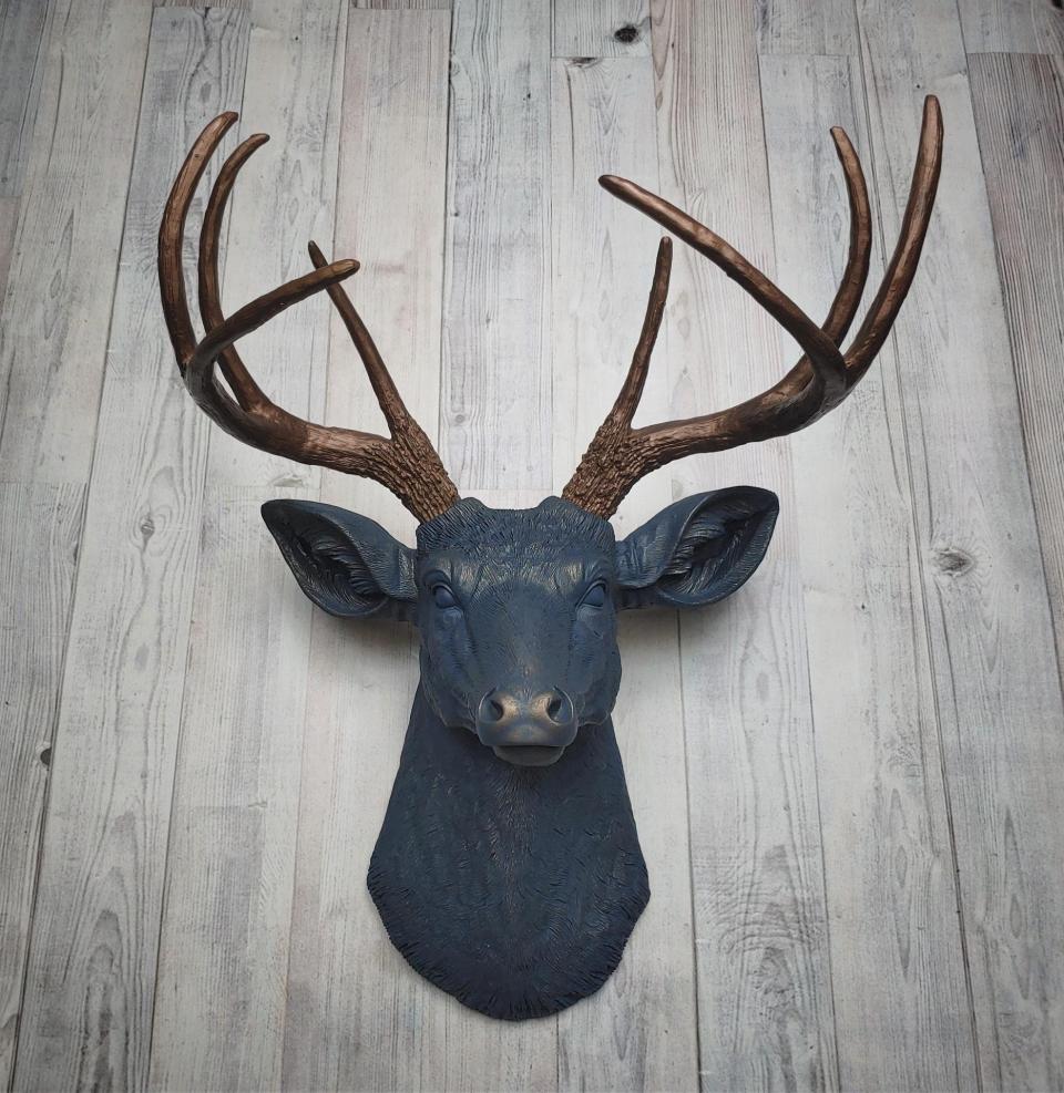 Faux Taxidermy Deer Head Wall Mount painted  midnight blue with dark copper accents and dark copper antlers.