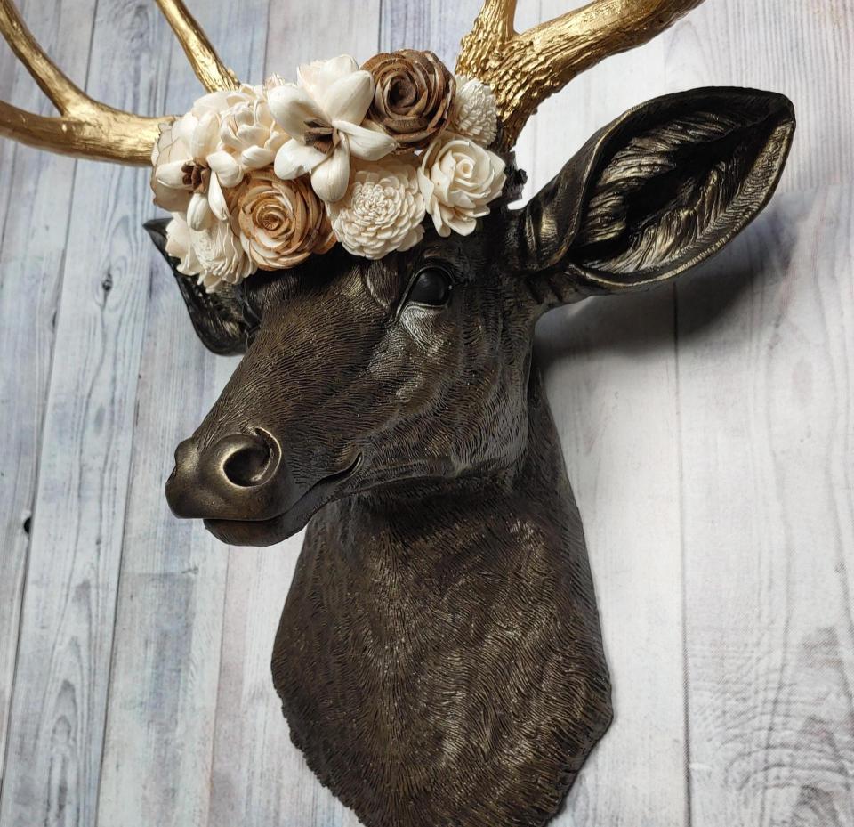 Faux Taxidermy Deer Head Wall Mount with Floral Crown, Stag Head Wall Mount