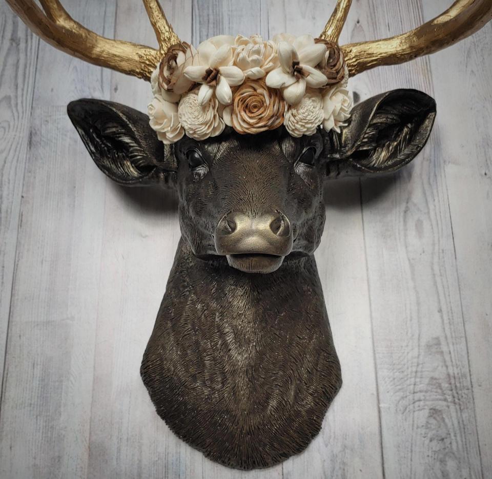 Faux Taxidermy Deer Head Wall Mount with Floral Crown, Stag Head Wall Mount