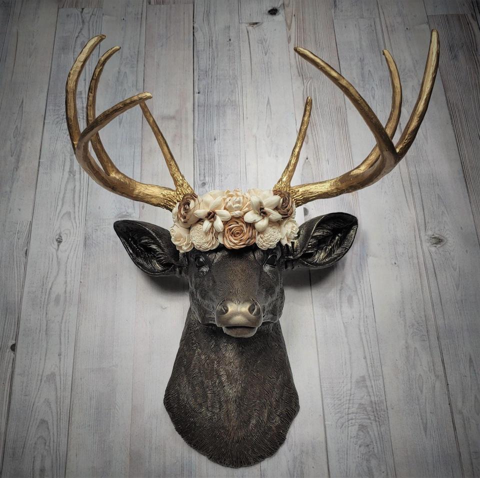 Faux Taxidermy Deer Head Wall Mount with Floral Crown, Stag Head Wall Mount