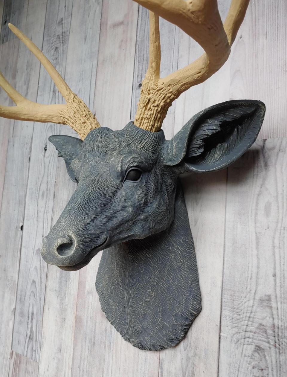 Faux taxidermy deer head that's been painted slate grey with desert sand color accents. The antlers have been painted desert sand.