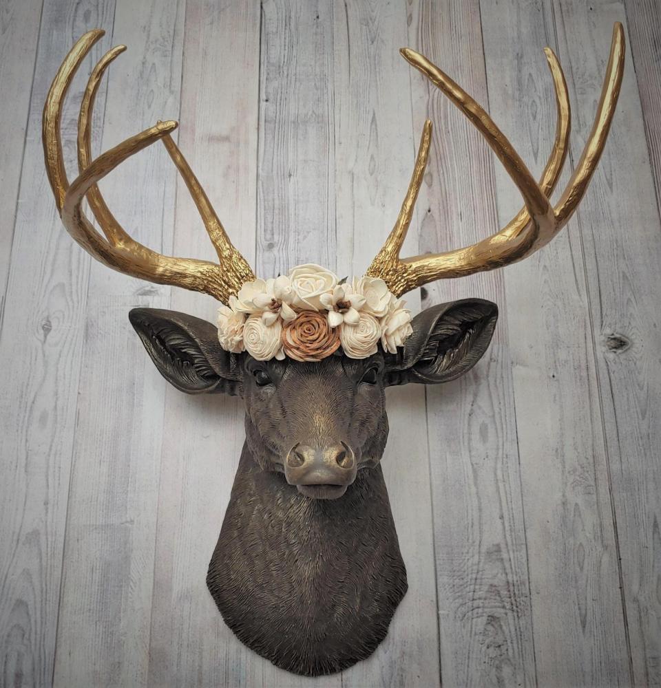 Faux Taxidermy Deer Head Wall Mount, Faux Stag Head, Floral Crowned Deer Head