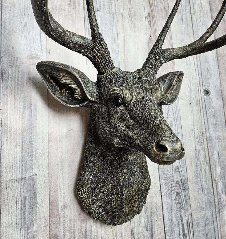 Faux taxidermy deer head, painted chestnut brown with antique white and gold accents. The antlers have been painted the same way.