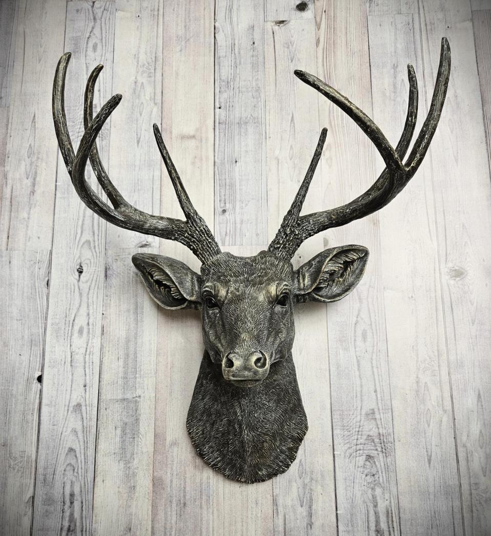 Faux taxidermy deer head, painted chestnut brown with antique white and gold accents. The antlers have been painted the same way.