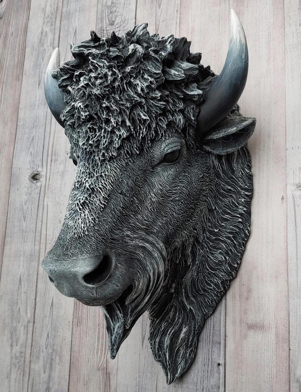 faux taxidermy bison, black with white and grey accents