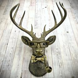 faux taxidermy deer head with glassses, bow tie and pipe, frankie stag